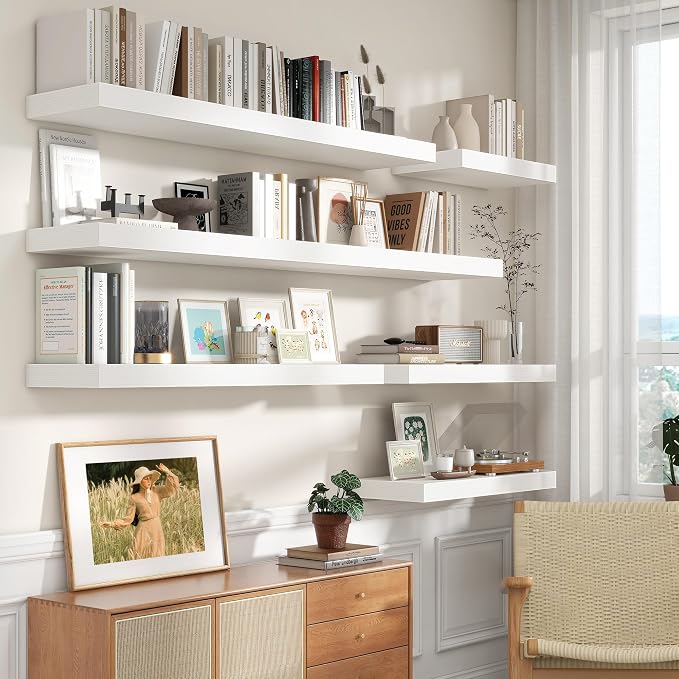 FLYJOE Deep Floating Shelves, 72 Inch White Shelves Set of 1 | 12 Inch Deep Shelves for Wall, 72'' x 12'' Rustic White Wood Shelves for Bathroom Living Room Laundry Room Kitchen