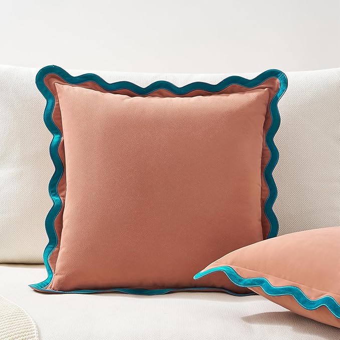 MONDAY MOOSE Decorative Throw Pillow Covers Cushion Cases, Set of 2 Soft Velvet Scalloped Wavy Edge Designs, Mix and Match for Home Decor, Pillow Inserts Not Included (18x18 inch, Teal/Pink)