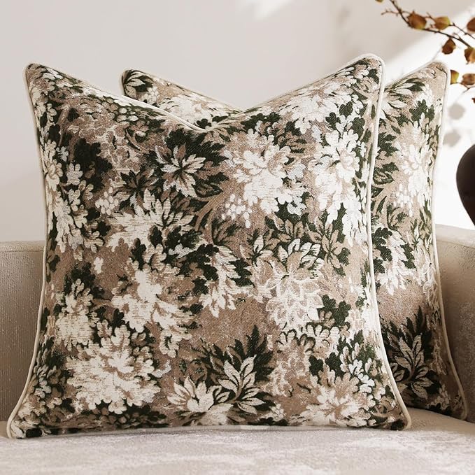 DEZENE Pack of 2 Vintage Floral Throw Pillow Covers 22x22 Boho Farmhouse Accents Chenille Square Decorative Pillow Cases for Living Room Couch Bed Home Decor, Green and Taupe