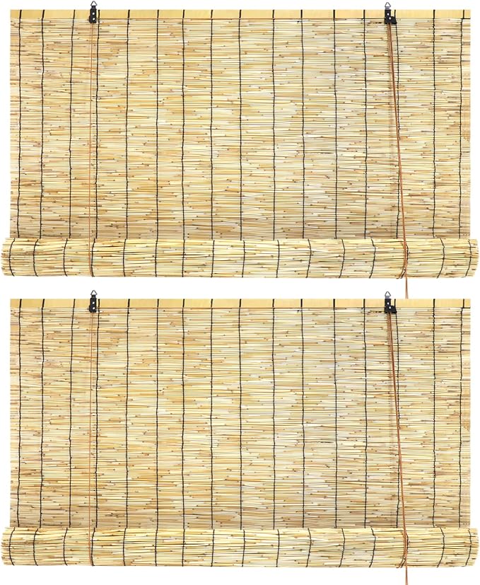 Bamboo Roll Up Shades 2 Pack, Reed Roller Blinds 47" W x 71" H, Natural Light Filtering Window Blinds for Indoor Outdoor Patio Porch Garden