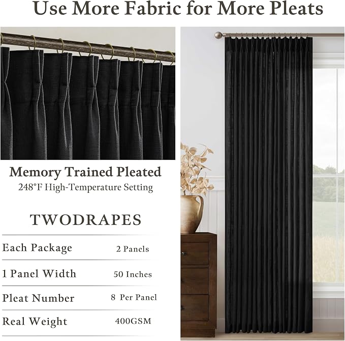 Black Linen 86 Inches Long Curtains 2 Panels Set Pinch Pleated Thick Textured Linen Drapes for Living Room Bedroom Pinch Pleat Back Tab Light Filtering Boho Farmhouse Window Curtains 86 Inch Length