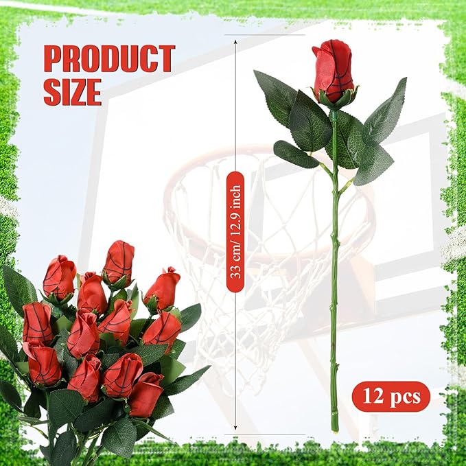 Suhine 12 Pcs Artificial Basketball Rose Flowers Sports Party Favors Bulk for Birthday Graduation Wedding Party Decoration Table Centerpieces Mom Team Coach Senior Night Gift(Basketball Color, Normal)