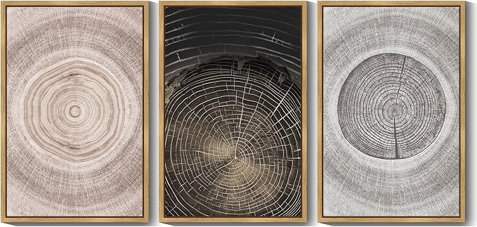 PHOPAGO Vintage Wood Tree Rings Wall Art 24x36in Farmhouse Rustic Framed Canvas Paintings Living Room Bedroom Decor Nature Artwork Natural Framed