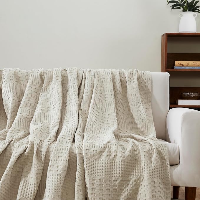 VHC Brands 100% Cotton Waffle Weave King Blanket 108"x90", Decorative Lightweight Spring and Summer Throw Blanket, Bedroom Decor for Bed, Couch, or Sofa, Natural