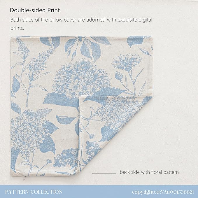Foindtower Set of 2 Linen Floral Vintage Throw Pillow Covers Neutral Accent Decorative Cozy Cushion Covers Farmhouse Boho Home Decor for Sofa Chair Couch Bedroom Living Room,24×24 Inch,Sky Blue