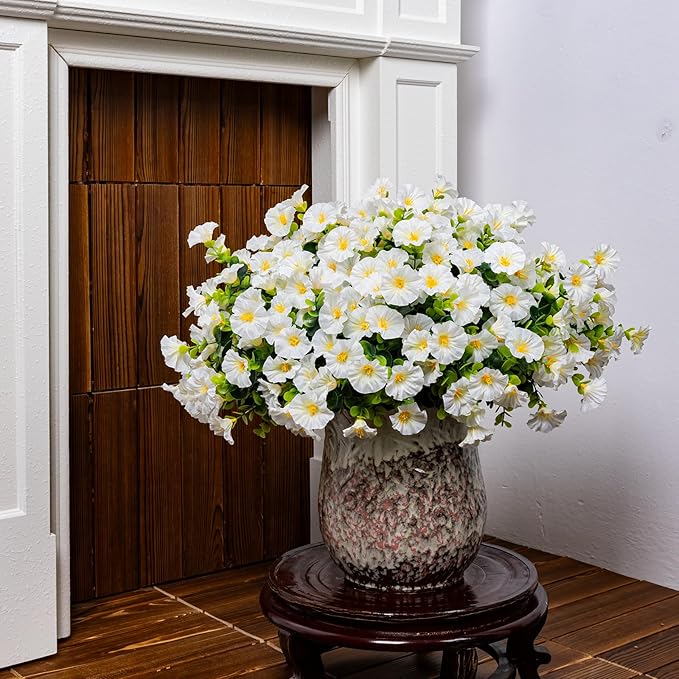Nigirior Artificial Faux Flowers for Outdoor 16 Bundles Boxwood Fake Morning Glory for Planter,UV Resistant Fake Flowers for Home Porch Patio Outside（White）