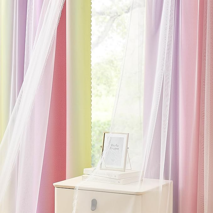 XiDi Blackout Curtains with Sheer Overlay for Girls Bedroom 84 Inches Long 2 Panels Pink Yellow Purple Rainbow Blackout Curtains for Little Girl Kids Room Decor Living Room Grommet Drapes 52x84
