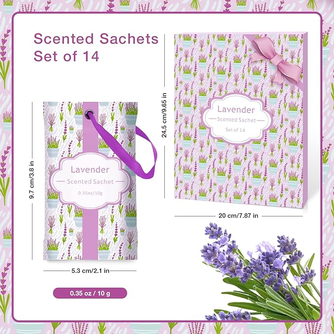 SCENTORINI Sachets for Drawers and Closets, Long-Lasting Lavender Sachets Bags, Pack of 14, Home Fragrance Sachet for Wardrobe, Luggage, Suitcases, Handbags, Small Space