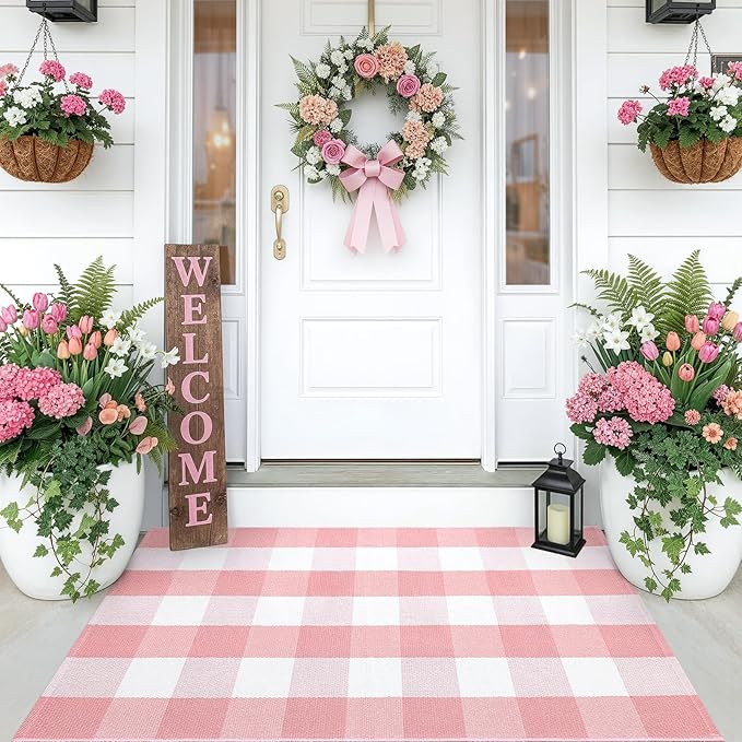 OLANLY Buffalo Plaid Rug 2' x 4'3" – Pink and White Cotton Checkered Doormat, Washable Indoor Outdoor Rug for Layered Front Porch, Kitchen, Entryway Decor