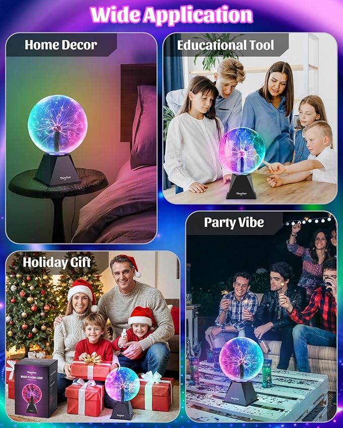 Theefun Plasma Ball, 8 Inch Huge Plasma Globe Birthday Gifts Touch & Sound Sensitive Ball Lamp Electric Lightning Novelty Light for Parties, Home, Prop, Room Decoration, Multicolor