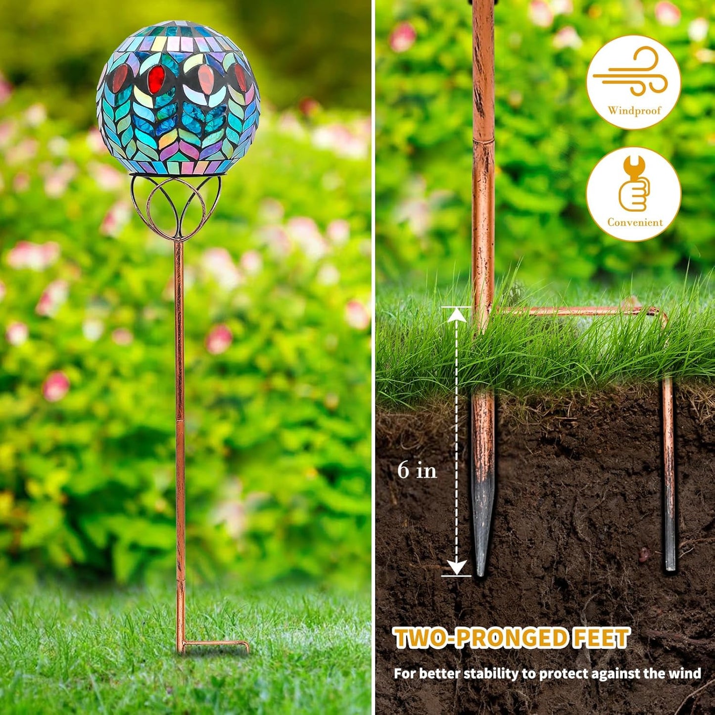 Afirst Solar Outdoor Garden Lights Decorative - Mosaic Solar Stakes Gazing Ball Waterproof Outdoor Lights Stakes for Pathway Yard Lawn Decoration(Green)