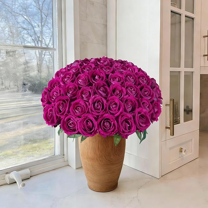 50 PCS Roses Artificial Flowers, Fake Roses with Stem Realistic Magenta Silk Roses for DIY Wedding Bouquets Table Centerpieces Arrangements Baby Shower Birthday Home Decor Valentine's Day Gift for Her