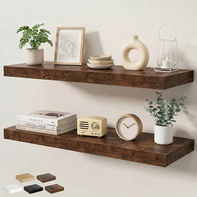 Floating Shelves for Wall 36 in x 9.3 in Deep, Wall Mounted Rustic Wood Shelf with Invisible Brackets for Storage & Display, Living Room Bedroom Bathroom, Brown, 2 Pack