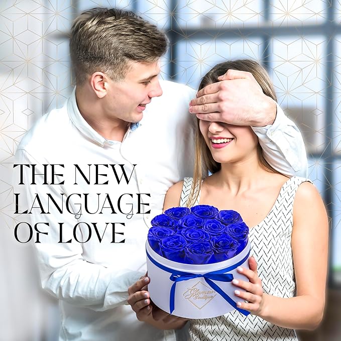 GLAMOUR BOUTIQUE Flower Forever Gift Box, 12 Real Preserved Roses in Round Velvet White Box, Handmade Floral Gift with Rose Petals for Birthday, Anniversary or Graduation, Blue (Color-Treated)