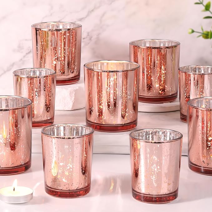 Volens 24pcs Assorted Rose Gold Votive Candle Holders for Wedding Table Centerpieces, Large Mercury Glass Votives for Tealight Candle, Rose Gold Party Decorations for Bridal and Baby Shower