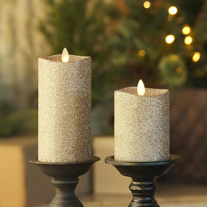 Luminara Realistic LED Moving Flame Pillar Candle, Gold Metallic Glitter, 3" x 4.5" Inch, Battery Operated w/Remote, Indoor Outdoor, Timer Function