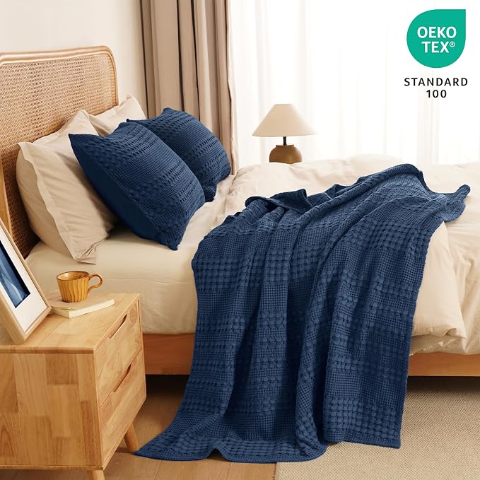 PHF 100% Cotton Waffle Throw Blanket for Couch, Lightweight Breathable and Soft for Summer, Luxury Aesthetic Waffle Weave Blanket for Home Decor & Office, Gifts for Women, 50"x60", Bright Navy