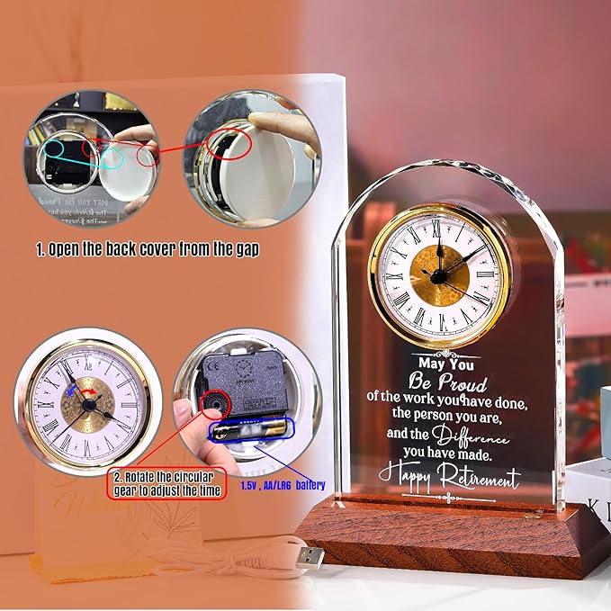 Retirement Clock Gifts for Women Men, Happy Retirement Gifts for Boss Coworkers, Going Away Gift for Retired Friends Leaving Presents for Leader Teacher, K9 Crystal Clock with Light Wooden Base