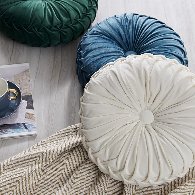 MOJUN Velvet Throw Pillow - Round, Pleated, Filled - Home Decorative Pillow for Couch, Chair, Bed, Car, Floor (White, 14inch)