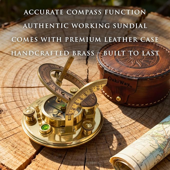 OakiWay Brass Sundial Compass in Leather Case - Nautical Gifts for Men, Antique Sailing Anniversary Vintage Gifts, Unusual Unique Nautical Decor, Ship Naval Maritime Pocket Watch Clock (4.1" Inch)