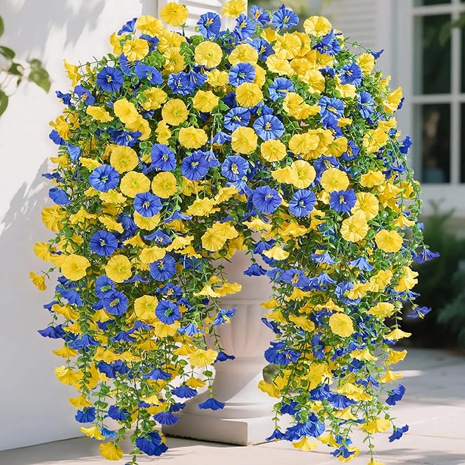 Serwalin Artificial Hanging Flowers for Outdoors Faux Plants, 4PCS Faux Morning Glory Fake Outdoor Flowers UV Resistant Realistic Silk Flower for Outside Planter Front Door Porch Patio Yard Decor