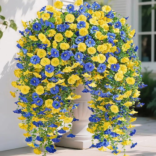 Serwalin Artificial Hanging Flowers for Outdoors Faux Plants, 4PCS Faux Morning Glory Fake Outdoor Flowers UV Resistant Realistic Silk Flower for Outside Planter Front Door Porch Patio Yard Decor