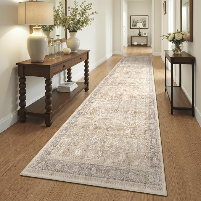 Washable Runner Rug 3x10, Vintage Earth Tone Hallway Runner for Kitchen Floor Non Slip, Low Pile Thin Long Carpet Runner for Entryway Corridor Mudroom Foyer, Farmhouse Neutral Beige Taupe