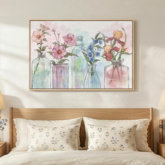 Framed Colorful Floral Wall Art, Modern Botanical in Vase Canvas Prints Painting, Pastel Watercolor Flower Wildflower Pictures for Living Room Bedroom Dining Room Bathroom Room Wall Decor, 24x36 Inch