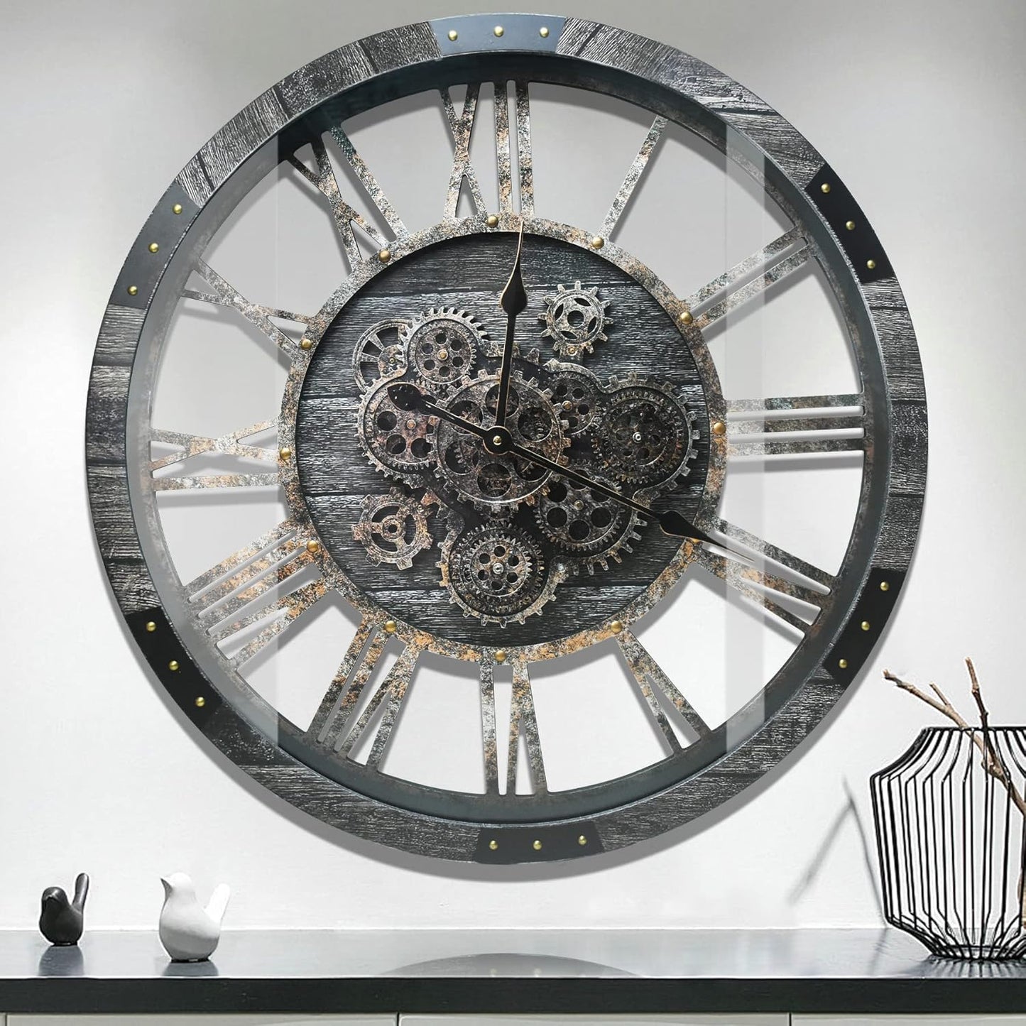 DORBOKER 36" Extra Large Wall Clock with Moving Gears, Oversized Giant Industrial Steampunk Rustic Clocks for Wall Decor Living Room Home Office, Solid Wood Retro Metal,Carbon Grey