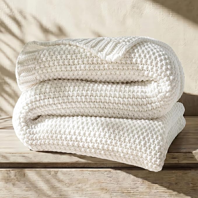 EverGrace Organic Cotton Chunky Knit Throw Blanket, 50 x 60 Bright White | OCS Certified Organic Cotton, Seed Stitch Knit, Soft & Breathable, Cozy Midweight, Decorative Throw for Couch, Bed & Sofa