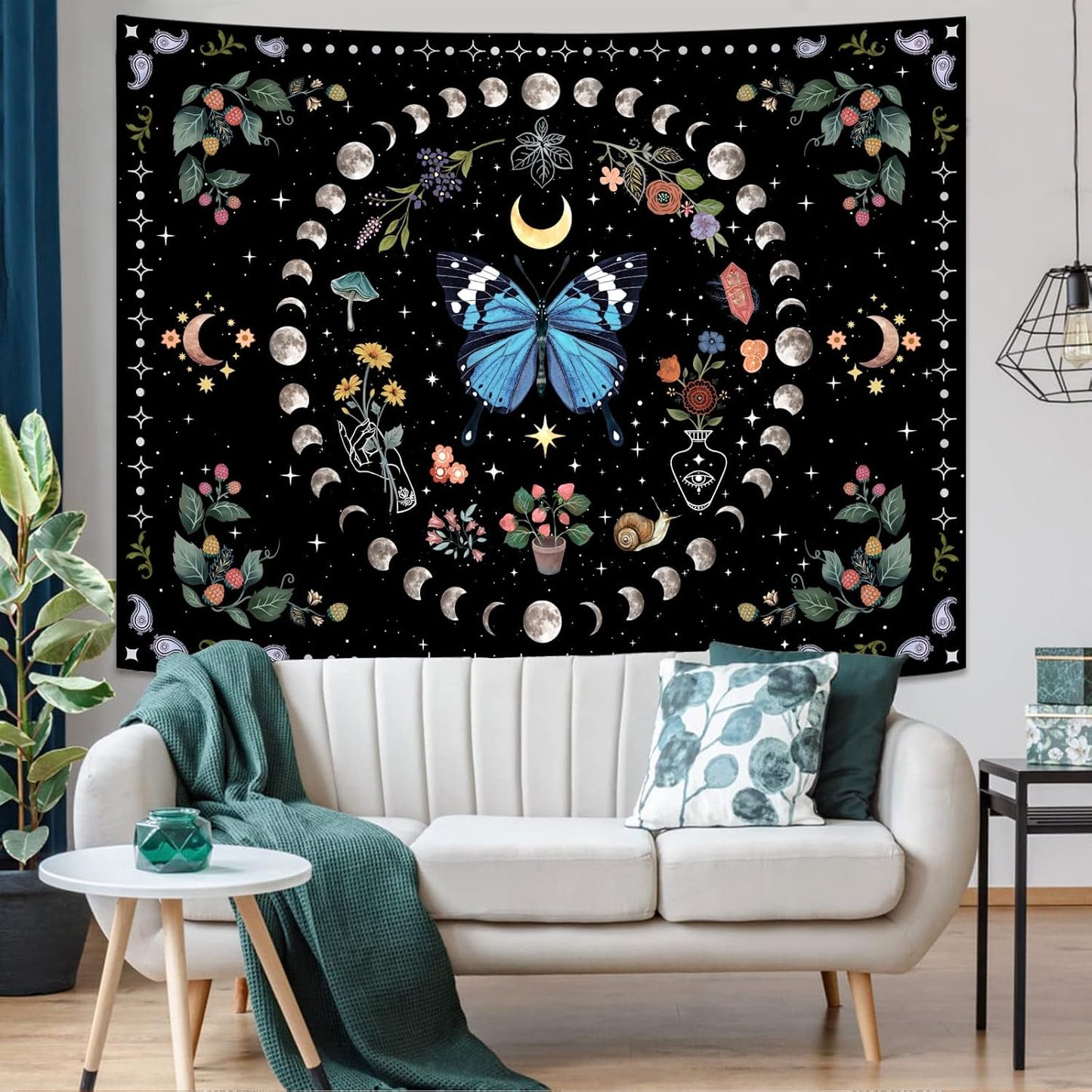 Aipon Blue Butterfly Moon Flower Tapestry for Bedroom and Living Room, 68.00" x 90.00", Boho, Botanical, Floral, Vintage