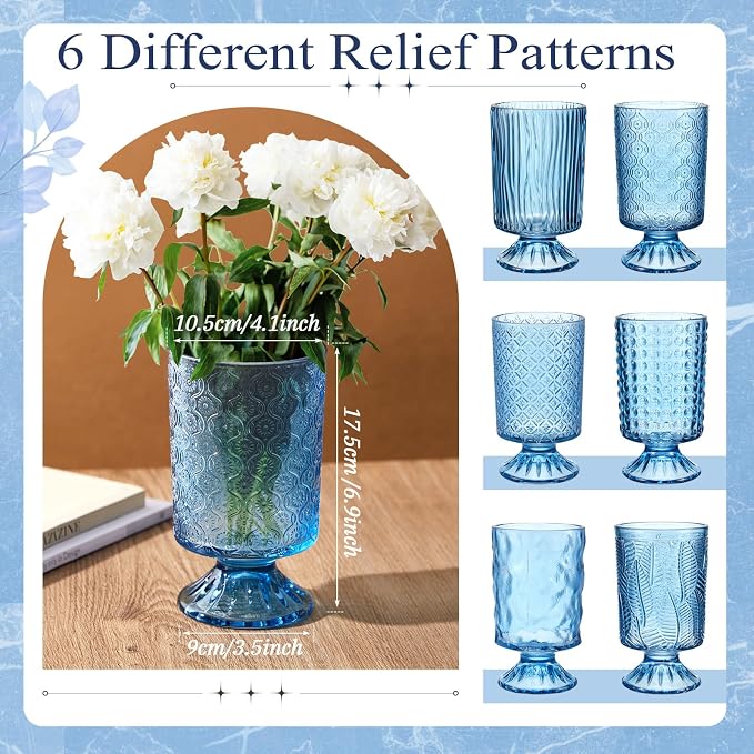 6 Pcs (H: 7" W: 4") Embossed Flower Vase Pedestal Glass Vase Big Base Thickened Crystal Vintage Vases for Wedding Party Home Decor Table Centerpiece House Warming Gifts (Blue,Classic)