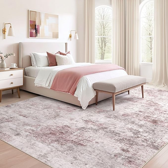 UERMEI 5x7 Area Living Room Rugs - Washable Neutral Modern Abstract Soft Thin Large Rug Indoor Floor No Slip Rug Carpet for Bedroom Under Dining Table Home Office Decor - Pink
