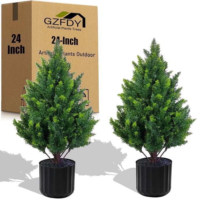 24-inch Artificial Cypress (2 Packs) - UV-Resistant Artificial Shrub with Pot, Suitable for Outdoor and Indoor use, Front Porch, Garden Decoration