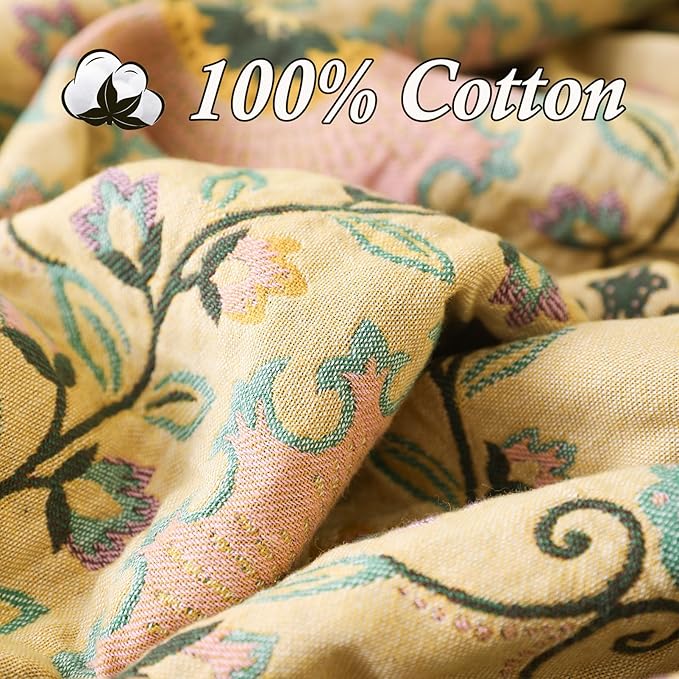 Snycler Boho Throw Blanket 91"x98" - 100% Cotton Ultra Soft Rustic Quilt, Green Floral Printed Farmhouse Decor for Bed, Sofa, Couch, Chair - All Season Cozy Blanket