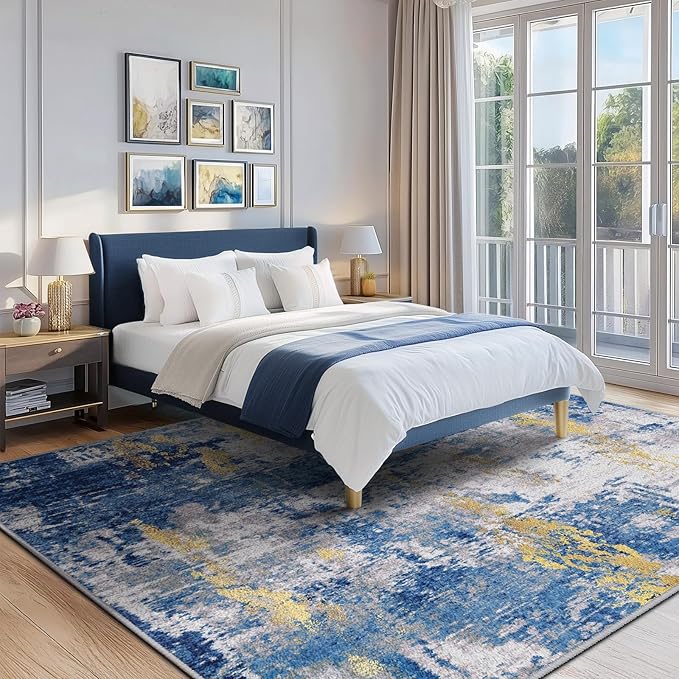 RELEANY Washable Area Rugs 6'x9' Non-Slip Modern Abstract Soft for Living Room Entryway Bedroom Nursery, Print Pattern, Grey Blue Gold/Golden