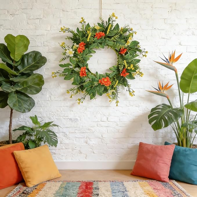 20 Inch Wreaths for Front Door, Spring Summer Flower Wreath - Red Daisy Artificial Flowers for Easter, Home Decor, Farmhouse Wall, Porch, Front Door Decorations