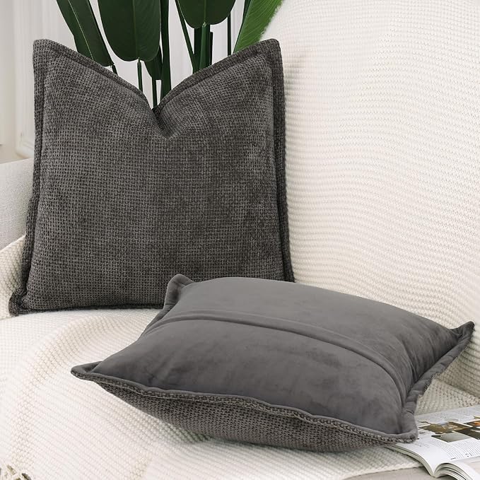 MADIZZ Decorative Chenille Velvet Throw Pillow Covers Set of 2 Soft Boho Textured Neutral Couch Throw Pillow for Bed Modern Farmhouse Home Decor for Sofa Livingroom Dark Taupe 20x20 Inch
