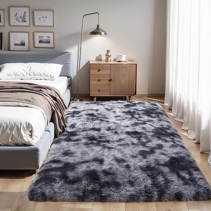 KICHOWUA Thick Area Rug Dark Grey Fluffy Shag 6x9 for Bedroom Living Room Ultra Soft Plush Fuzzy Washable Thickened Non-Slip Carpet, Comfy Shaggy Furry Rug for Kids Baby Nursery Dorm, Tie-Dye Gray