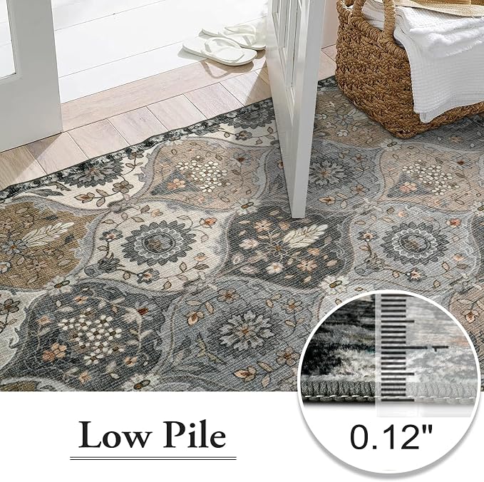 Lahome Moroccan Washable Area Rugs 8x10, Soft Vintage Oriental Rug for Living Room Bedroom Dining Room, Non Slip Low Pile Stain Resistant Rug for Kids Pets High Traffic Areas, Burnt Grey