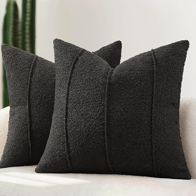 YCOLL Textured Boucle Throw Pillow Covers 18x18 Pack of 2 - Soft Neutral Striped Cushion Covers, Cozy Accent Decorative Pillow Covers for Couch, Sofa, Bed, Living Room (Black)