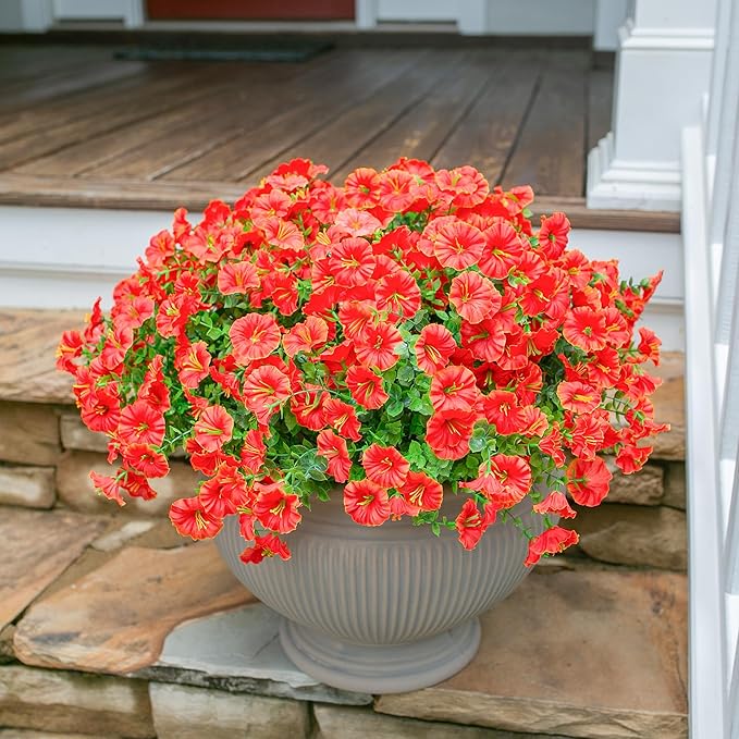 Artificial Flowers for Outdoors Fake Plants Spring Summer Decor, 12 Bundles Orange Silk Morning Glory with Eucalyptus Look Real UV Resistant Faux Flowers for Outside Planters Front Door Yard Indoor
