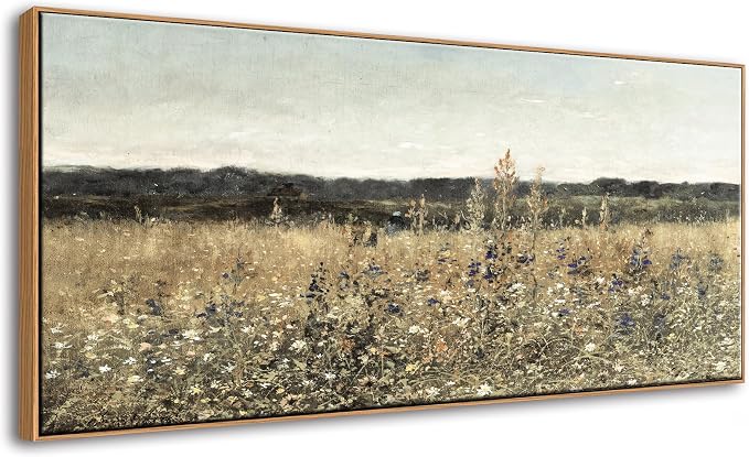 DJSYLIFE Framed Canvas Wall Art Wildflower Field, 29.52 x 57.87 Inch | Extra Large, Oversized, Vintage Landscape Painting Prints, Classical Flowers Pictures, Farmhouse Living Room Bedroom Decor