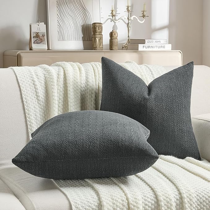 FUTEI Black Chenille Throw Pillow Covers 26x26 Inch Set of 2,Soft Striped & Diamond Textured Euro Pillow Shams,Modern Home Decor for Couch Living Room