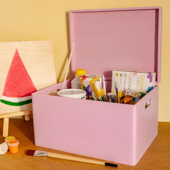 Creative Deco Large Pink Wooden Box Storage with Hinged Lid | 15.8x11.8x9.44in (+-0.5) | Keepsake Gift Box Storage Document | Wood Chest Trunk PRODUCT NOT INTENDED FOR 15 YEARS OR BELOW | Solid pine storage box with a lid for keepsakes, crafts, station...
