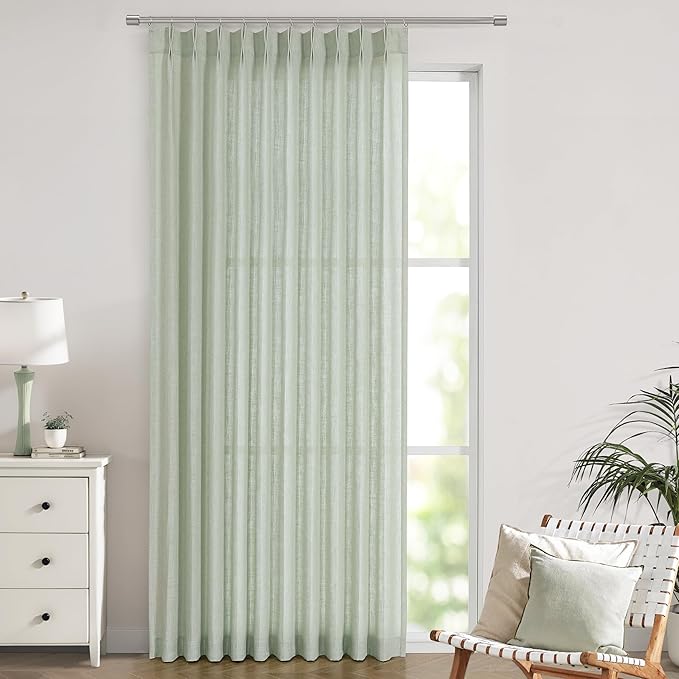 Vision Home Light Green Pinch Pleated Semi Sheer Curtains Textured Linen Blended Light Filtering Window Curtains 108 inch for Living Room Bedroom Patio Pinch Pleat Drapes with Hooks 9FT 60" Wx108 Lx1