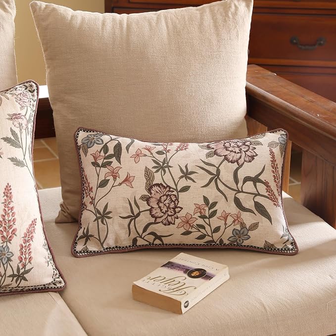 ISAENNE Designer Linen Throw Pillow Cover,Set of 2,20"x12"-Helena B | Elegant French Rectangle Pillow Cover,Concealed Zipper Design,Floral Pattern,Sofas,Bedroom,Living Room,Lounge Chairs