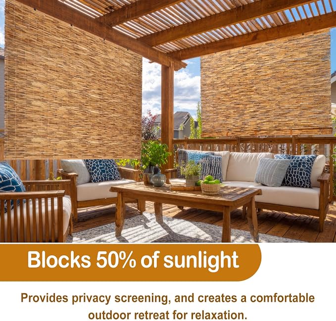 DoubleFill 2 Pcs Bamboo Shades Outdoor Reed Roll Up Blinds 84" W X 72" H Blackout Sunshade Cordless Bamboo Blinds for Home Porch, Patio & Windows Decor Shutters Sunlight Privacy Screen (Carbon Brown)