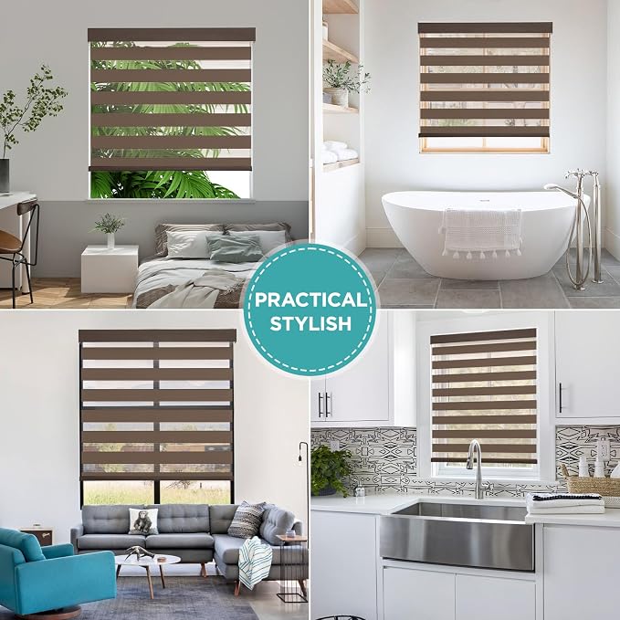 Joydeco Cordless Zebra Blinds (Pro), Dual Layer Light Control Zebra Blinds for Windows, Light-Proof Aluminum Cover, Free-Stop Roller Shades for Home & Office (Coffee, 15" W x 48" H)