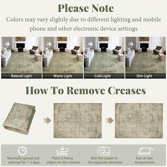 Machine Washable Rugs for Living Room: 9x12 Area Rugs for Bedroom Ultra Soft Non-Slip Low Pile Vintage Distress Boho Large Carpet for High-Traffic Dining Room - Farmhouse Decor